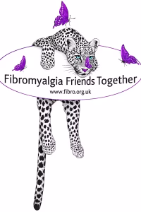 Fibromyalgia Friends Together Logo is a leopard lounging on a sign that says Fibromyalgia Friends Together, with its legs and tail hanging down.