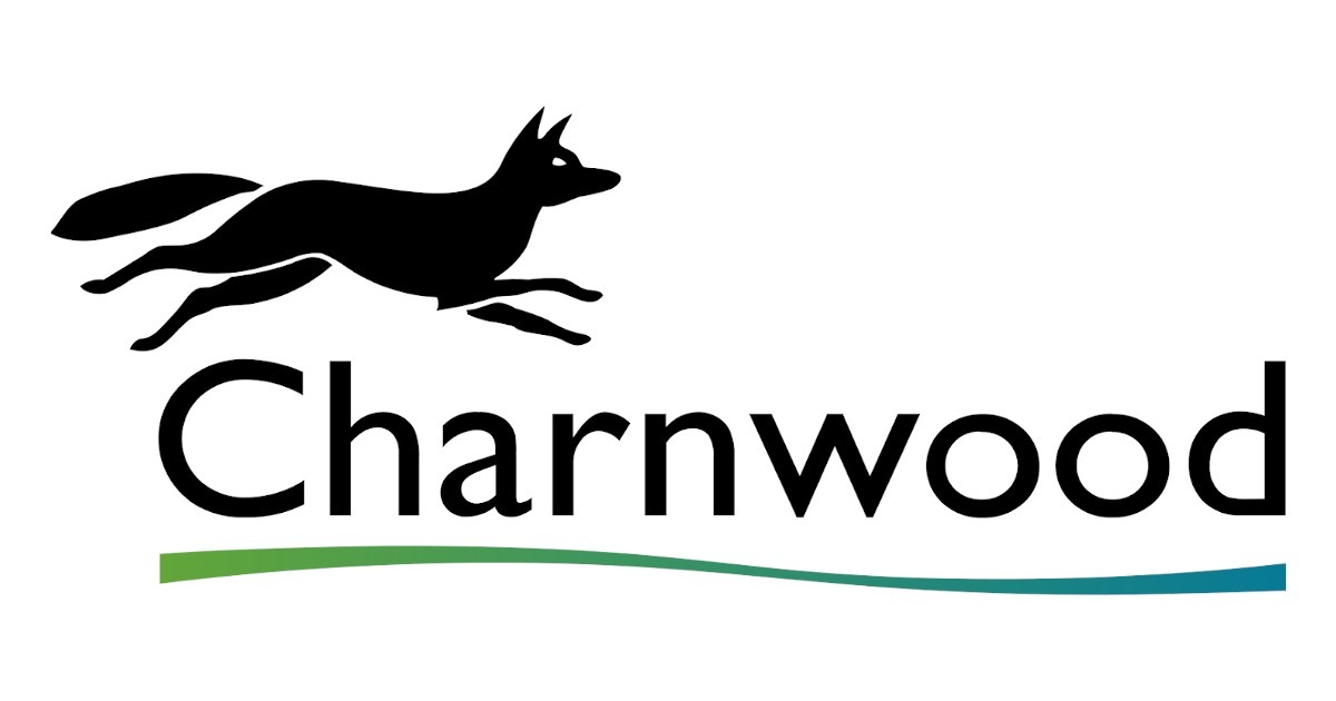 Charnwood in text with a fox shiloutte leaping over it