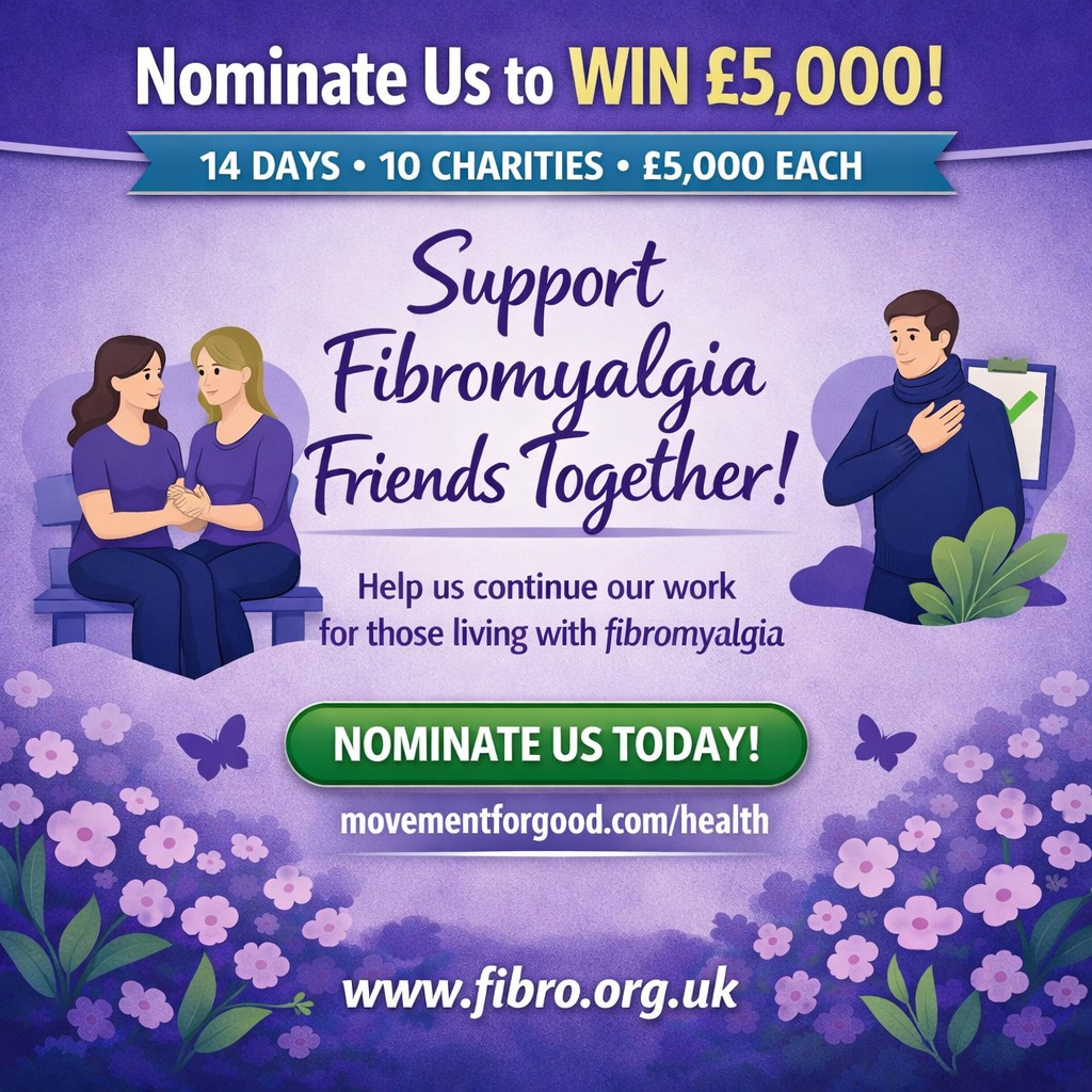 Promotional graphic encouraging nominations for Fibromyalgia Friends Together in the Benefact Group Movement for Good Health & Wellbeing Special Draw. The image shows the Benefact Group logo, the text ‘Nominate Us to WIN £5,000!’, and illustrations of people offering support. A green button reads ‘Nominate Us Today!’ with the website addresses movementforgood.com/health and www.fibro.org.uk displayed below.