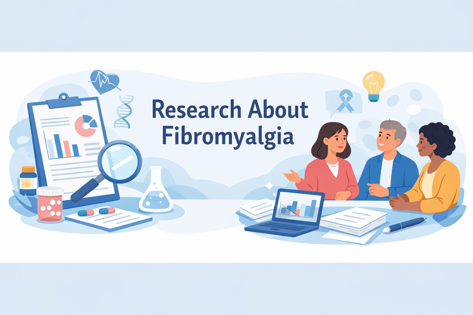 Illustration of research and community support for fibromyalgia; clipboard with charts, medical icons, and three people in discussion — Research About Fibromyalgia header.
